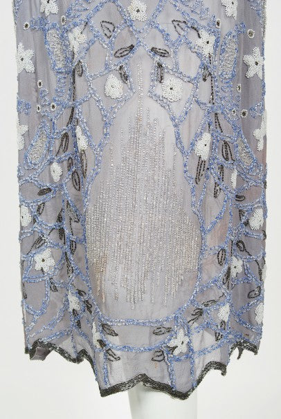 1920&#39;s Periwinkle Beaded Rhinestone Silk Chiffon Cut-Out Flapper Dress