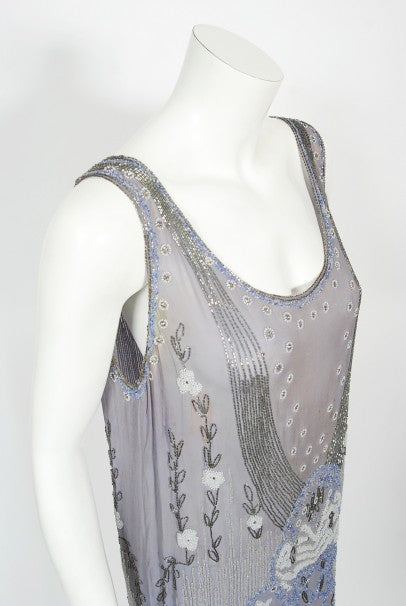 1920&#39;s Periwinkle Beaded Rhinestone Silk Chiffon Cut-Out Flapper Dress