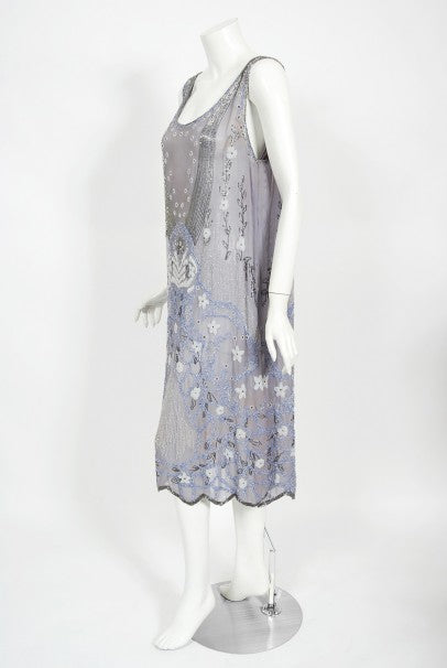 1920&#39;s Periwinkle Beaded Rhinestone Silk Chiffon Cut-Out Flapper Dress