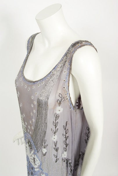 1920&#39;s Periwinkle Beaded Rhinestone Silk Chiffon Cut-Out Flapper Dress