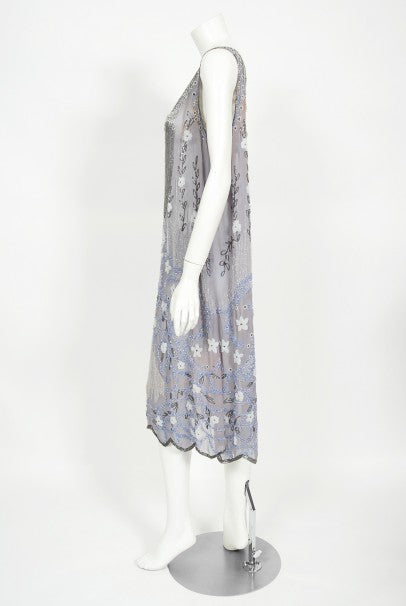 1920&#39;s Periwinkle Beaded Rhinestone Silk Chiffon Cut-Out Flapper Dress