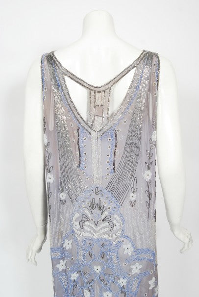 1920&#39;s Periwinkle Beaded Rhinestone Silk Chiffon Cut-Out Flapper Dress
