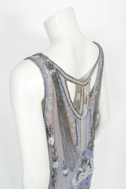 1920&#39;s Periwinkle Beaded Rhinestone Silk Chiffon Cut-Out Flapper Dress