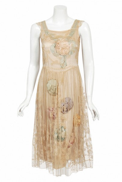 1920's Martha Weathered Couture Pastel Silk Rosettes Filet Lace Dress 1920's Martha Weathered Couture Pastel Silk Rosettes Filet Lace Dress