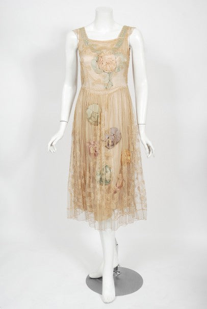 1920&#39;s Martha Weathered Couture Pastel Silk Rosettes Filet Lace Dress