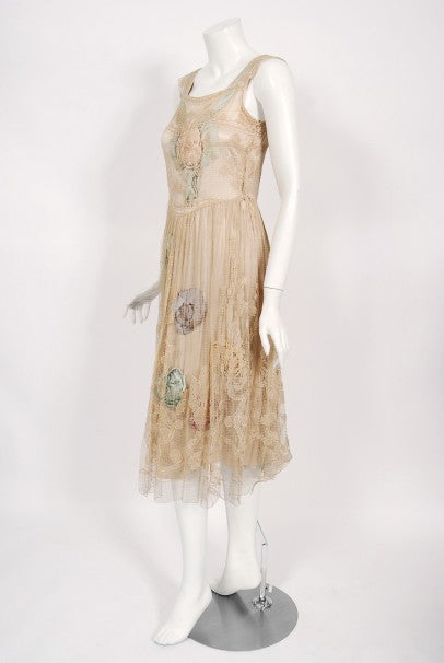 1920&#39;s Martha Weathered Couture Pastel Silk Rosettes Filet Lace Dress