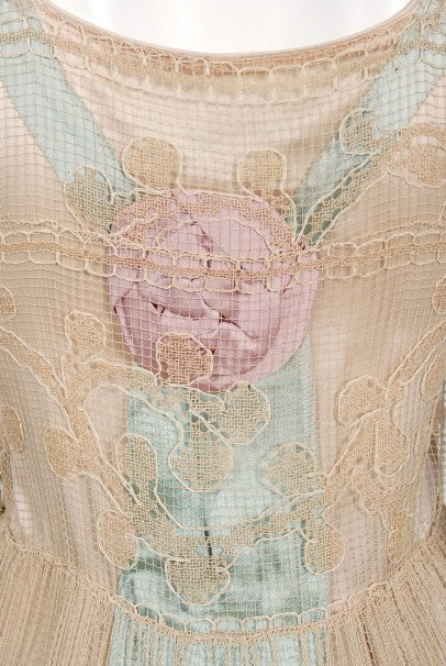 1920&#39;s Martha Weathered Couture Pastel Silk Rosettes Filet Lace Dress