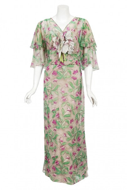 1930&#39;s Fashion Originators Guild Floral Print Silk Chiffon Appliqué Gown Set
