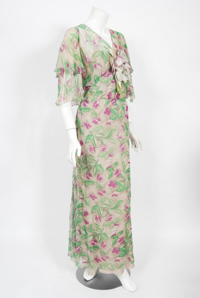 1930's Fashion Originators Guild Floral Print Silk Chiffon Appliqué Gown Set