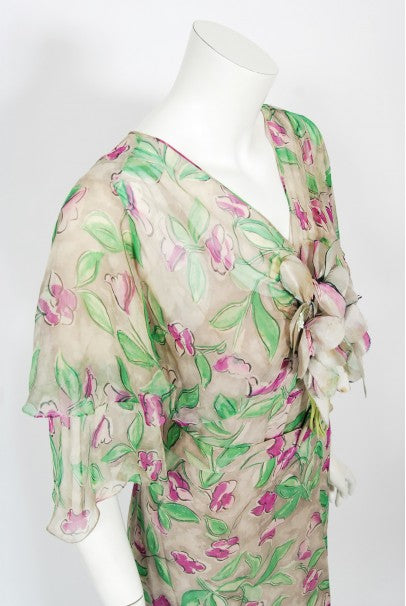1930&#39;s Fashion Originators Guild Floral Print Silk Chiffon Appliqué Gown Set