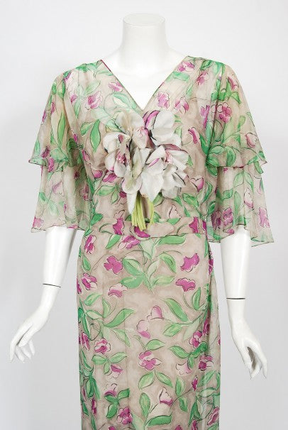 1930&#39;s Fashion Originators Guild Floral Print Silk Chiffon Appliqué Gown Set
