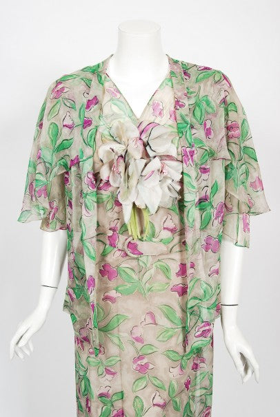 1930&#39;s Fashion Originators Guild Floral Print Silk Chiffon Appliqué Gown Set