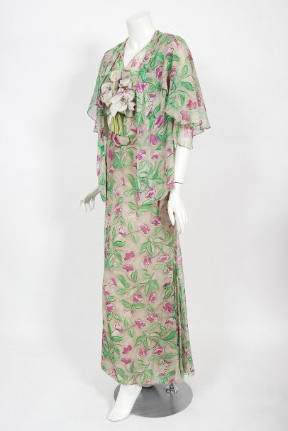 1930&#39;s Fashion Originators Guild Floral Print Silk Chiffon Appliqué Gown Set