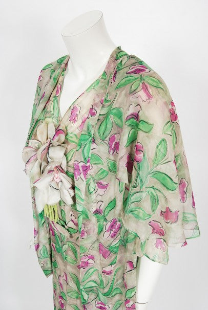 1930&#39;s Fashion Originators Guild Floral Print Silk Chiffon Appliqué Gown Set