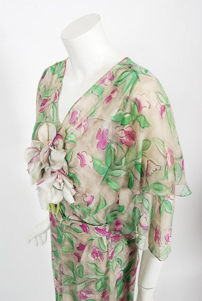 1930&#39;s Fashion Originators Guild Floral Print Silk Chiffon Appliqué Gown Set
