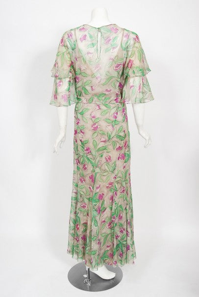 1930&#39;s Fashion Originators Guild Floral Print Silk Chiffon Appliqué Gown Set