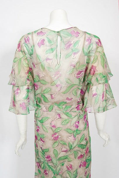 1930&#39;s Fashion Originators Guild Floral Print Silk Chiffon Appliqué Gown Set