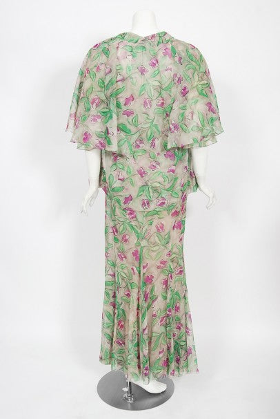1930&#39;s Fashion Originators Guild Floral Print Silk Chiffon Appliqué Gown Set