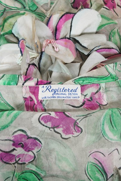 1930&#39;s Fashion Originators Guild Floral Print Silk Chiffon Appliqué Gown Set