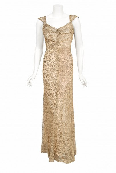 1930&#39;s Metallic Gold Lamé Lace Nude Illusion Bias-Cut Old Hollywood Gown