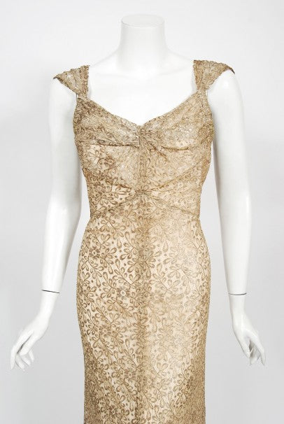 1930&#39;s Metallic Gold Lamé Lace Nude Illusion Bias-Cut Old Hollywood Gown
