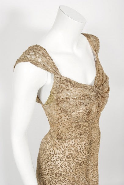 1930&#39;s Metallic Gold Lamé Lace Nude Illusion Bias-Cut Old Hollywood Gown
