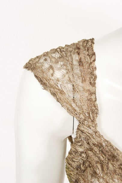 1930&#39;s Metallic Gold Lamé Lace Nude Illusion Bias-Cut Old Hollywood Gown