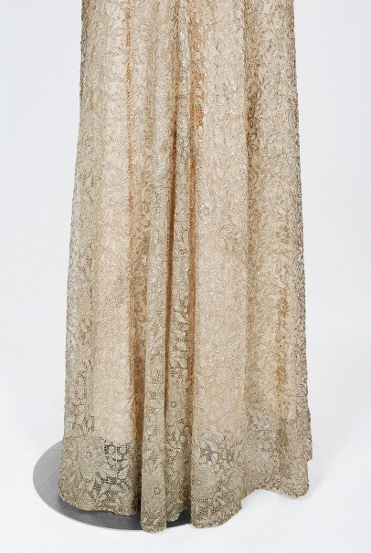 1930&#39;s Metallic Gold Lamé Lace Nude Illusion Bias-Cut Old Hollywood Gown