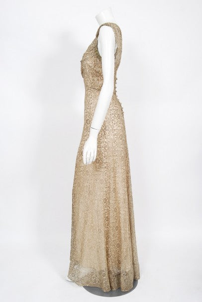1930&#39;s Metallic Gold Lamé Lace Nude Illusion Bias-Cut Old Hollywood Gown