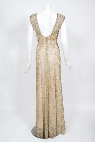 1930&#39;s Metallic Gold Lamé Lace Nude Illusion Bias-Cut Old Hollywood Gown