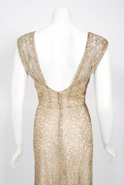 1930&#39;s Metallic Gold Lamé Lace Nude Illusion Bias-Cut Old Hollywood Gown