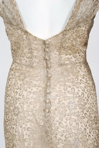 1930&#39;s Metallic Gold Lamé Lace Nude Illusion Bias-Cut Old Hollywood Gown