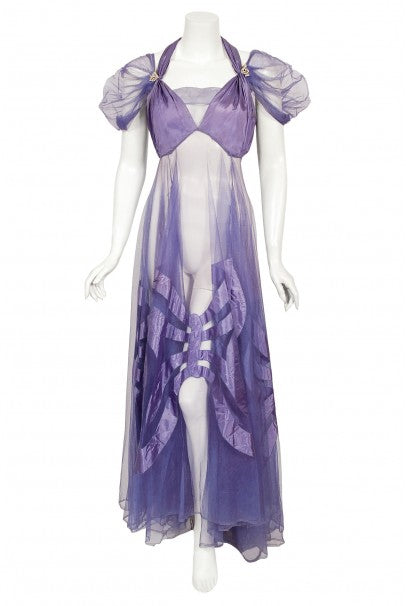 1930&#39;s Lilac Purple Sheer Net Tulle Silk Appliqué Bows Puff-Sleeve Gown