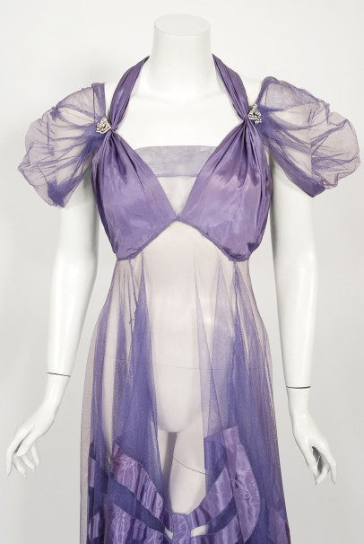 1930&#39;s Lilac Purple Sheer Net Tulle Silk Appliqué Bows Puff-Sleeve Gown