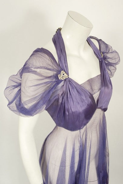 1930&#39;s Lilac Purple Sheer Net Tulle Silk Appliqué Bows Puff-Sleeve Gown