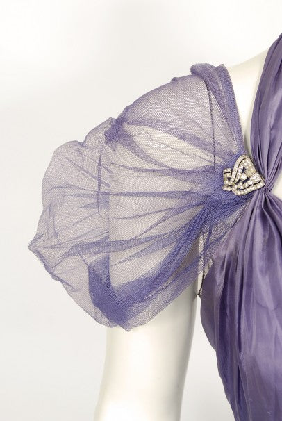 1930&#39;s Lilac Purple Sheer Net Tulle Silk Appliqué Bows Puff-Sleeve Gown