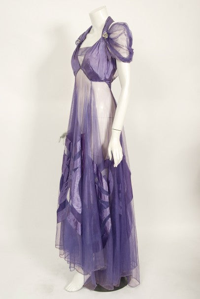 1930&#39;s Lilac Purple Sheer Net Tulle Silk Appliqué Bows Puff-Sleeve Gown