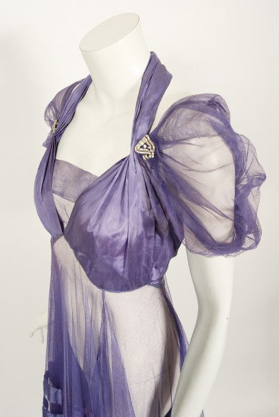 1930&#39;s Lilac Purple Sheer Net Tulle Silk Appliqué Bows Puff-Sleeve Gown
