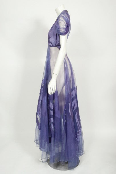 1930&#39;s Lilac Purple Sheer Net Tulle Silk Appliqué Bows Puff-Sleeve Gown