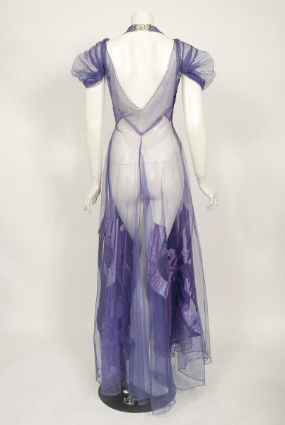 1930&#39;s Lilac Purple Sheer Net Tulle Silk Appliqué Bows Puff-Sleeve Gown