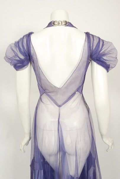 1930&#39;s Lilac Purple Sheer Net Tulle Silk Appliqué Bows Puff-Sleeve Gown