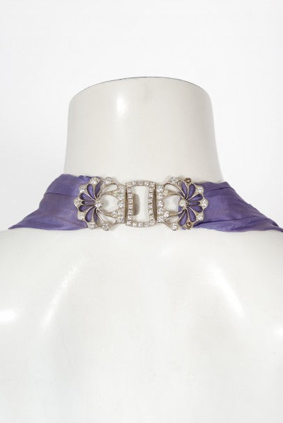 1930&#39;s Lilac Purple Sheer Net Tulle Silk Appliqué Bows Puff-Sleeve Gown