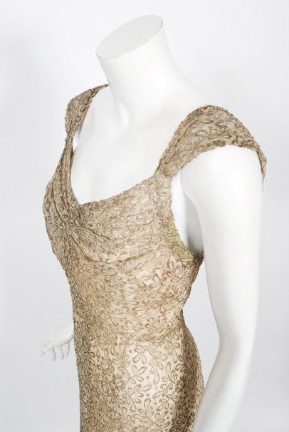 1930&#39;s Metallic Gold Lamé Lace Nude Illusion Bias-Cut Old Hollywood Gown