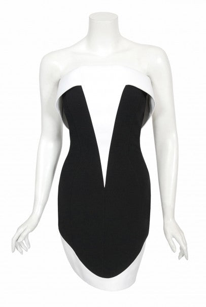 1996 Thierry Mugler Couture Black White Futuristic Strapless Mini Dress