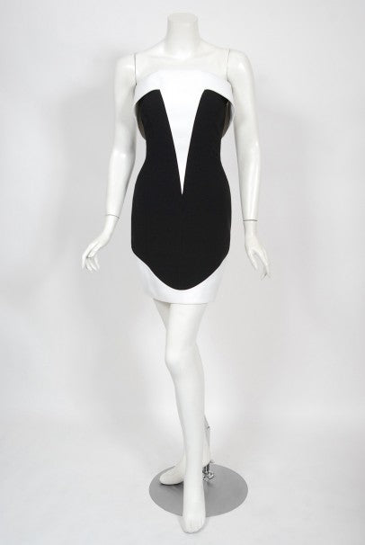 1996 Thierry Mugler Couture Black White Futuristic Strapless Mini Dress