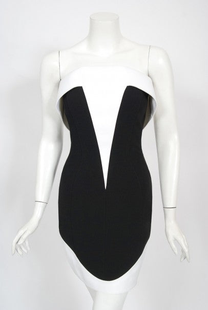 1996 Thierry Mugler Couture Black White Futuristic Strapless Mini Dress