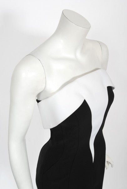 1996 Thierry Mugler Couture Black White Futuristic Strapless Mini Dress