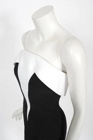 1996 Thierry Mugler Couture Black White Futuristic Strapless Mini Dress