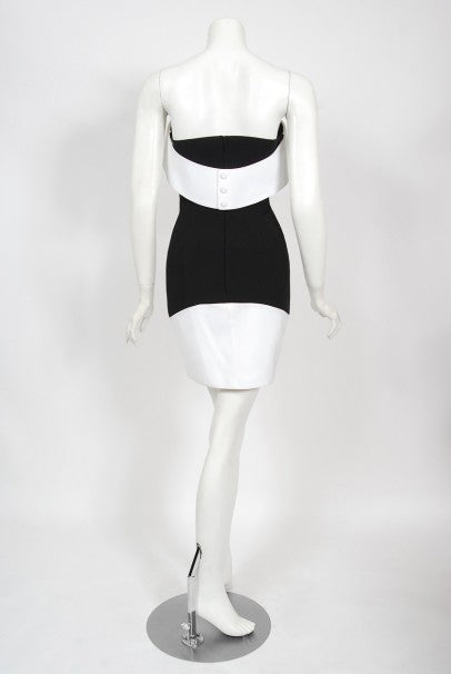 1996 Thierry Mugler Couture Black White Futuristic Strapless Mini Dress