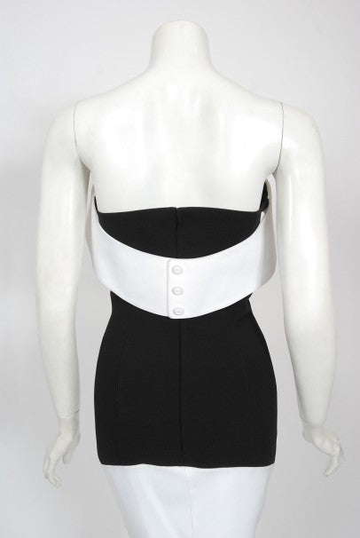 1996 Thierry Mugler Couture Black White Futuristic Strapless Mini Dress